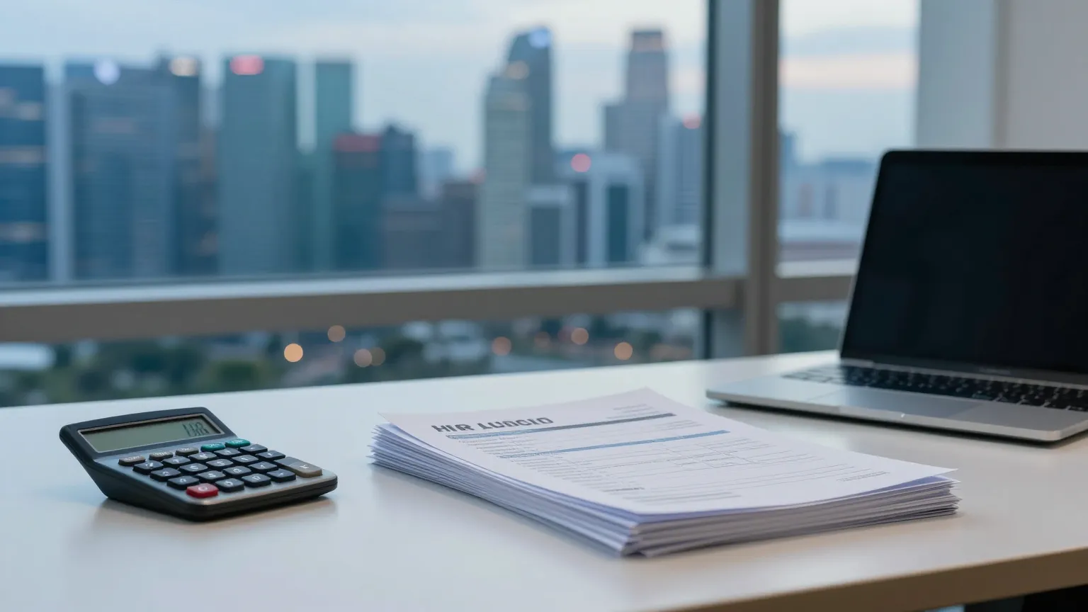 A Singapore payroll desk with a calculator and CPF contribution figures for 2026