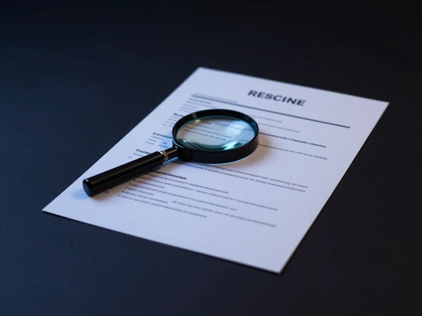 A magnifying glass over a printed resume on a dark desk